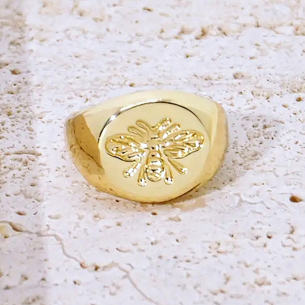 Bee Embossed Goldtone Signet Ring